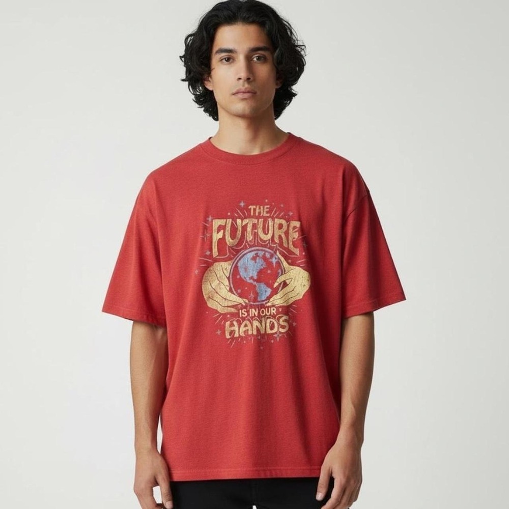 Vintage DOM Graphic Tee Mens Large Red The Future Is in Your Hands Earth 90s Y2K